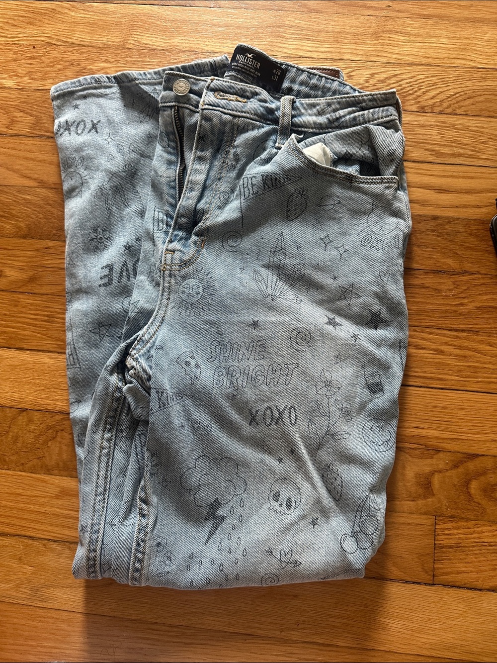 Hollister Light Blue Denim Jeans with Black Doodle Print
